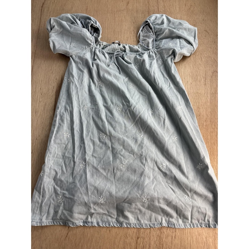 Gilli Dress Womens Large Blue 100% Cotton Embroidered Puff Sleeve Short Sundress